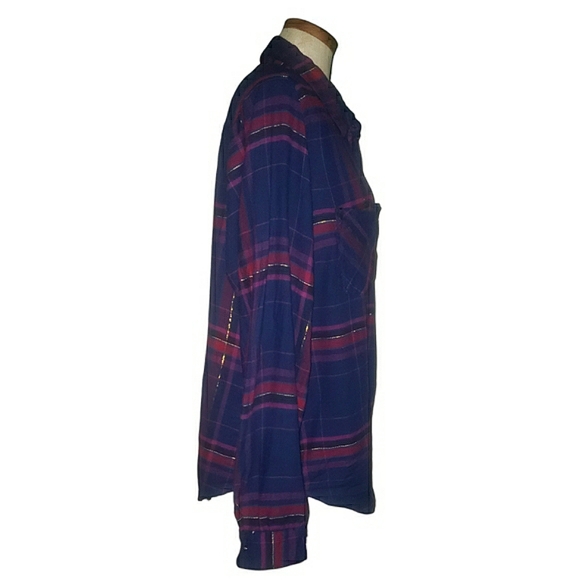 Maurices Double Front Pocket Metallic Tinsel Plaid Button Front Shirt Top 3X - Picture 4 of 16